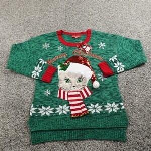 NEW Blizzard Bay Sweater Mens S Green Cat Santa Ugly Christmas Holiday Crewneck